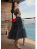 Black Polka Dot Tulle Midi Party Dress With Dropped Sleeves